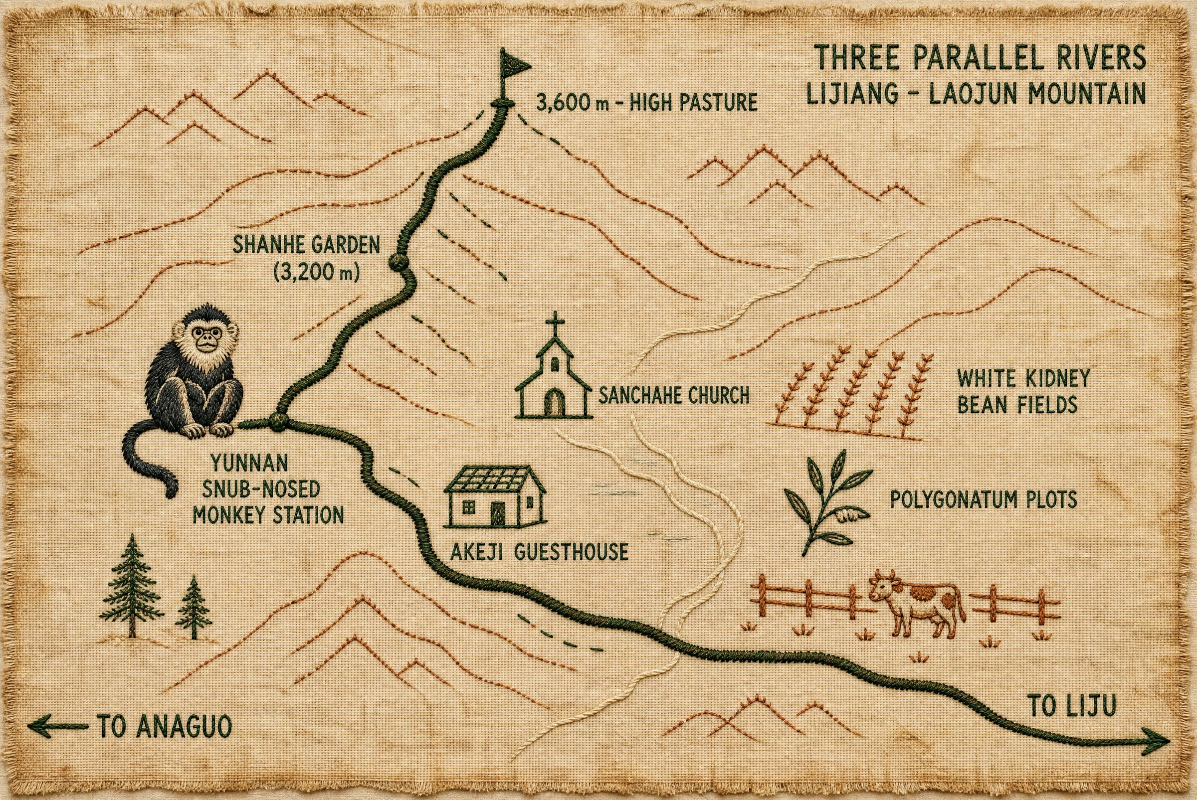 Cloth-textured field map of Sanchahe and Liju, showing the route from the valley up to the high pasture
