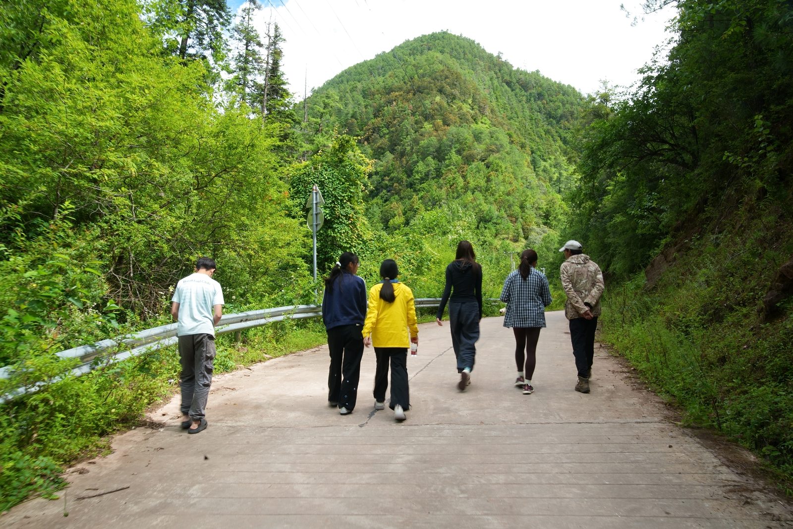 Volunteers walking up the mountain road above Liju
